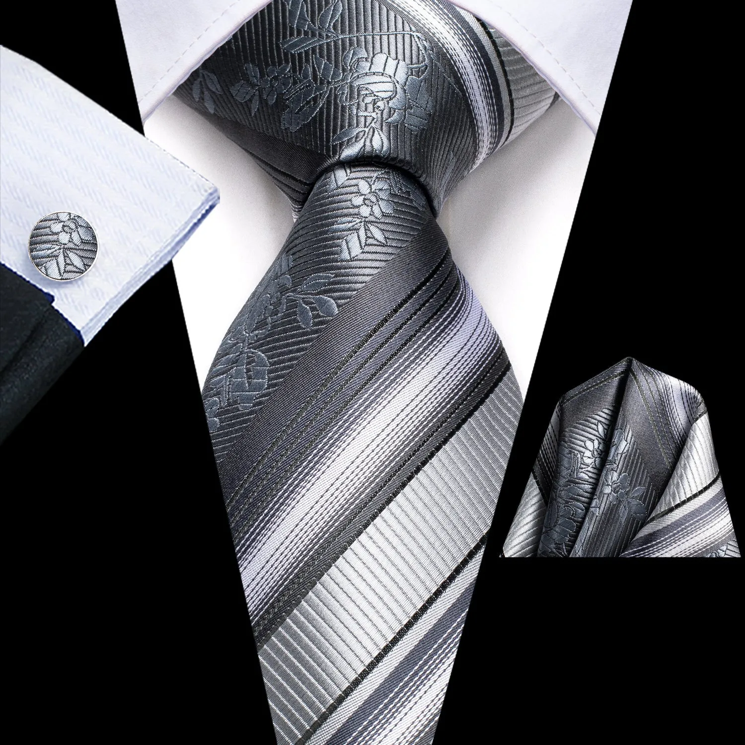 Hi-Tie Grey black Necktie Striped Mens Tie Pocket Square Cufflinks Set