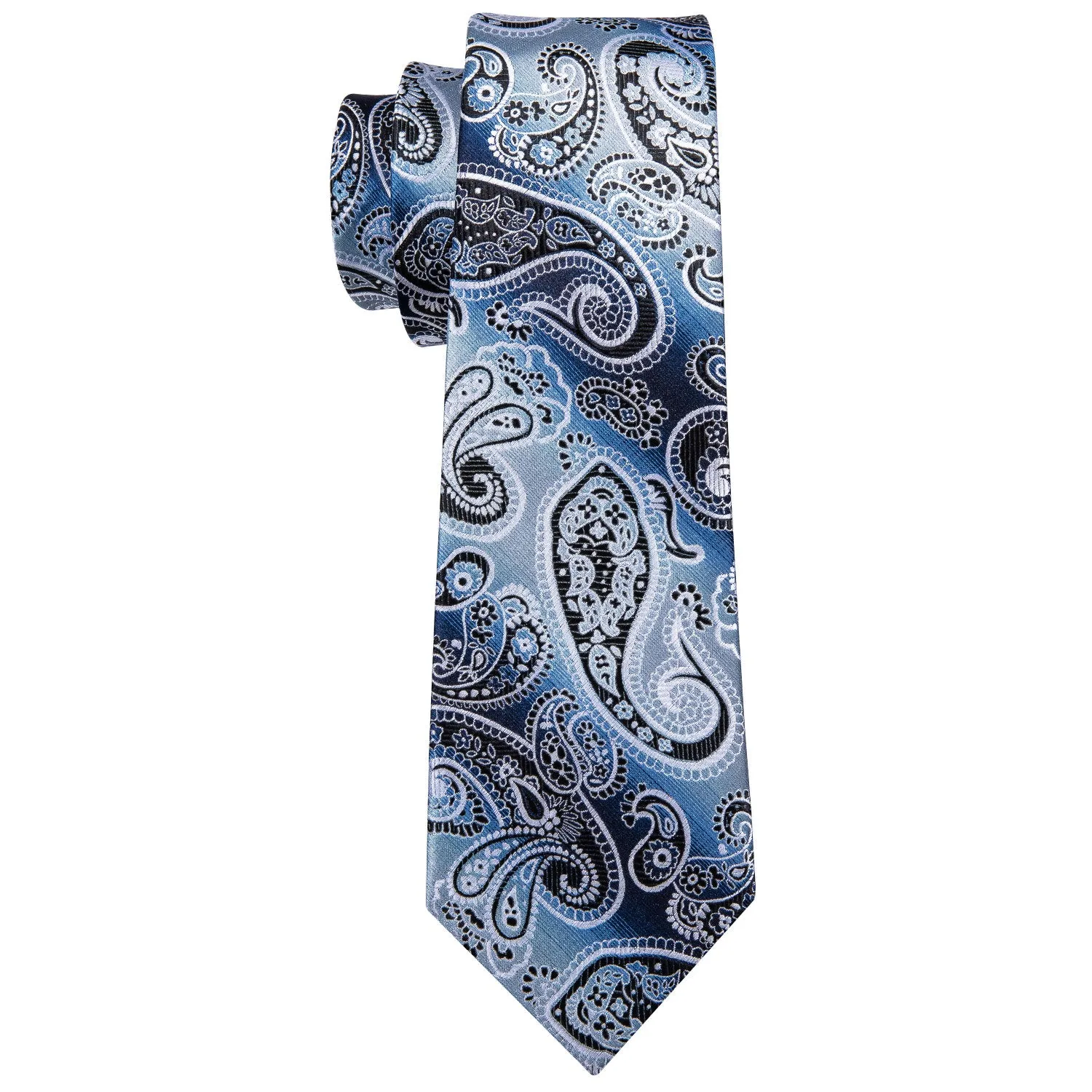 Hi-Tie Grey Sky Blue Necktie Paisley Tie Pocket Square Cufflinks Set