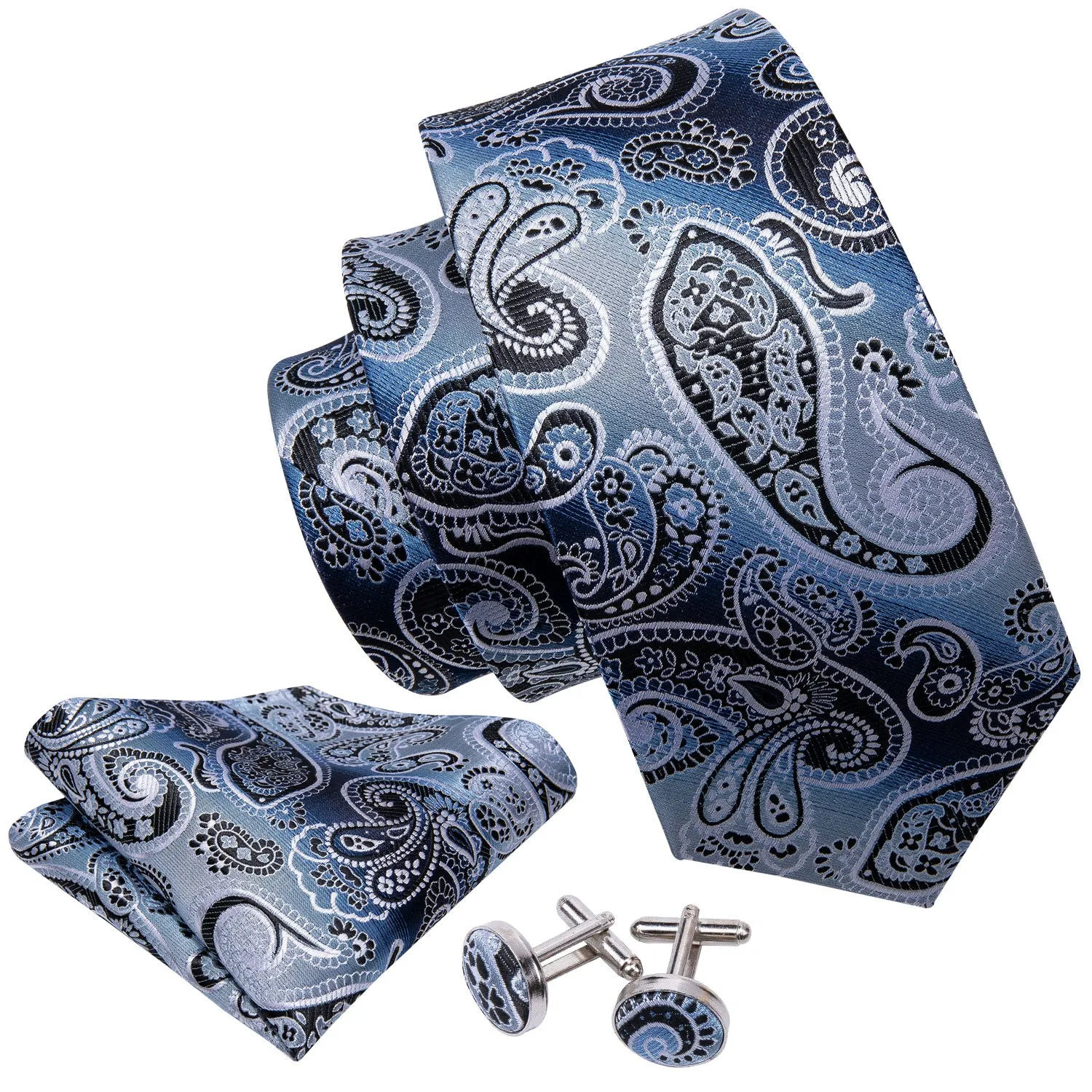 Hi-Tie Grey Sky Blue Necktie Paisley Tie Pocket Square Cufflinks Set