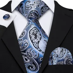 Hi-Tie Grey Sky Blue Necktie Paisley Tie Pocket Square Cufflinks Set