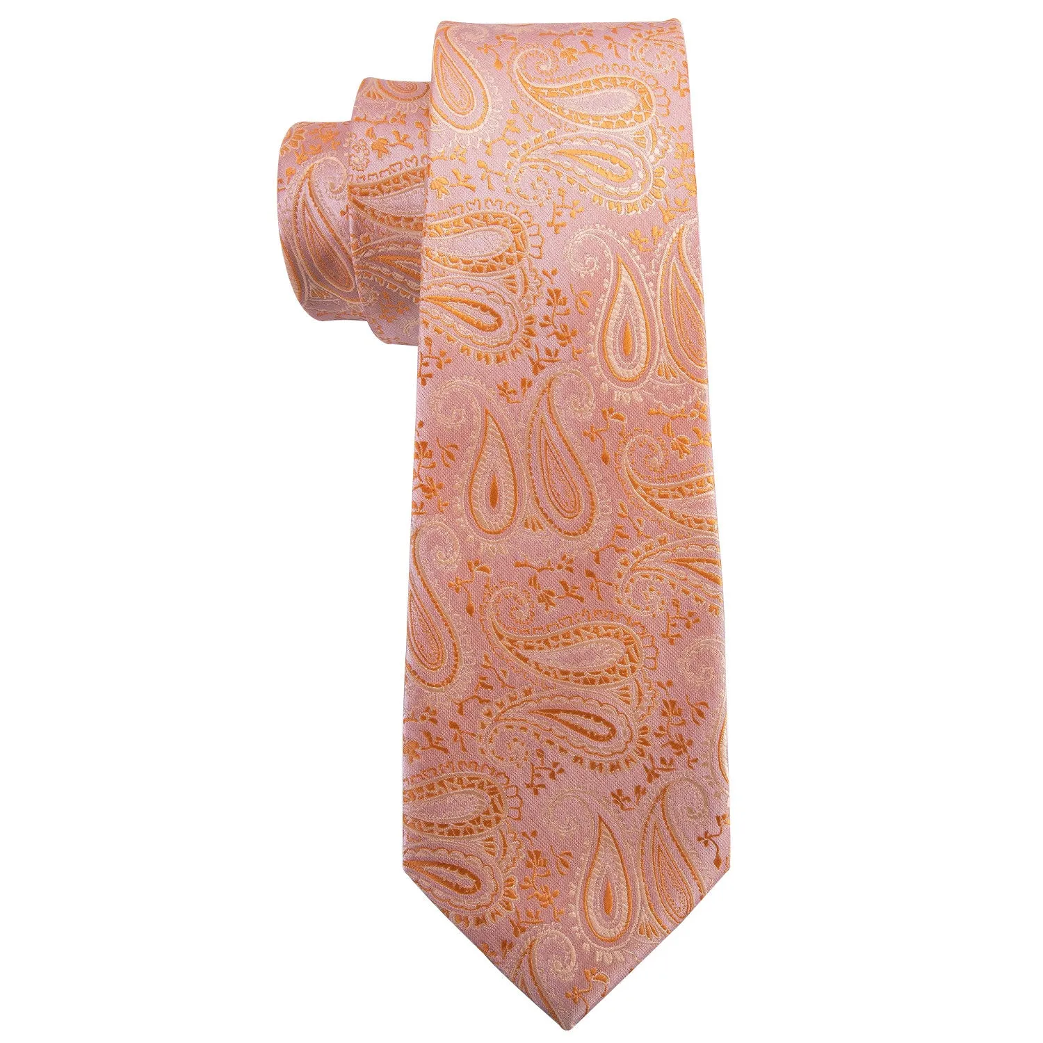 Hi-Tie Light Orange Paisley Silk Men's Tie Pocket Square Cufflinks Set