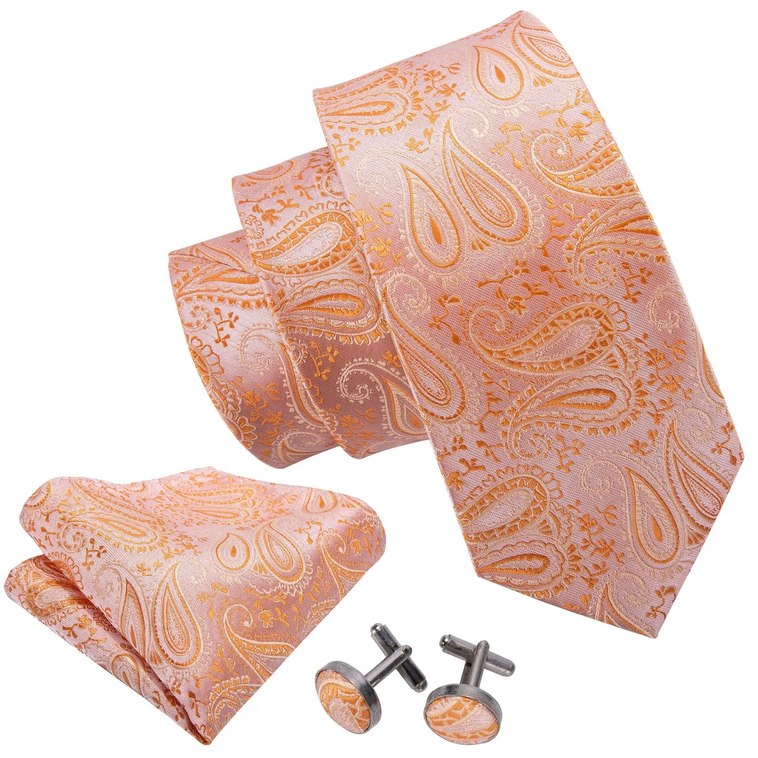 Hi-Tie Light Orange Paisley Silk Men's Tie Pocket Square Cufflinks Set