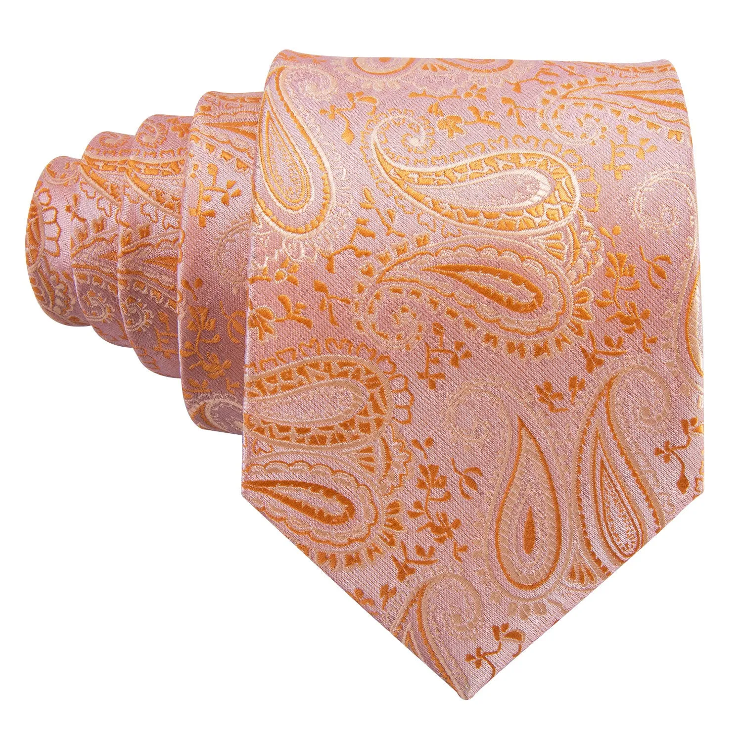 Hi-Tie Light Orange Paisley Silk Men's Tie Pocket Square Cufflinks Set