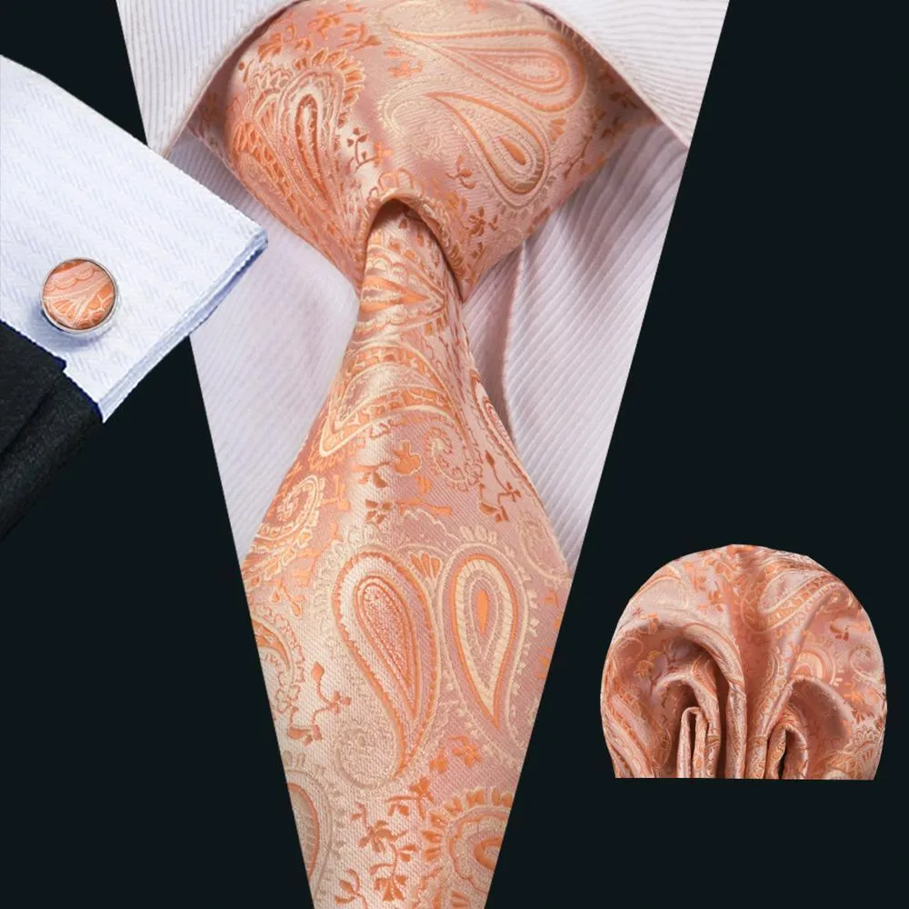 Hi-Tie Light Orange Paisley Silk Men's Tie Pocket Square Cufflinks Set