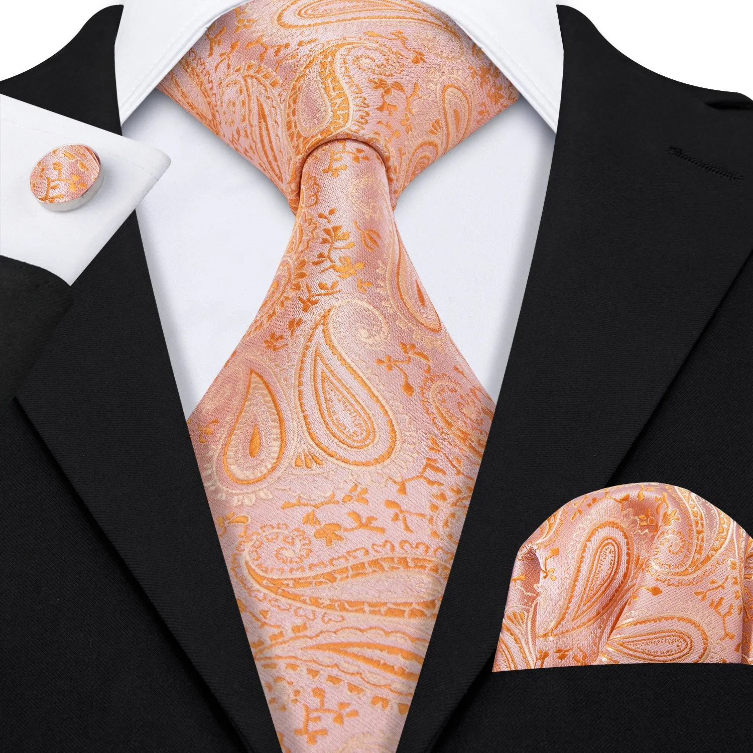 Hi-Tie Light Orange Paisley Silk Men's Tie Pocket Square Cufflinks Set