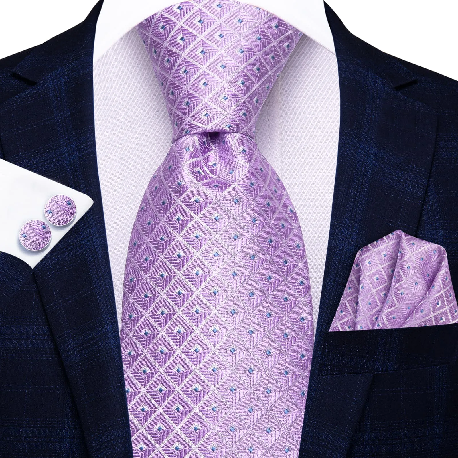 Hi-Tie Light Purple Tie Checkered Men's Necktie Hanky Cufflinks Set