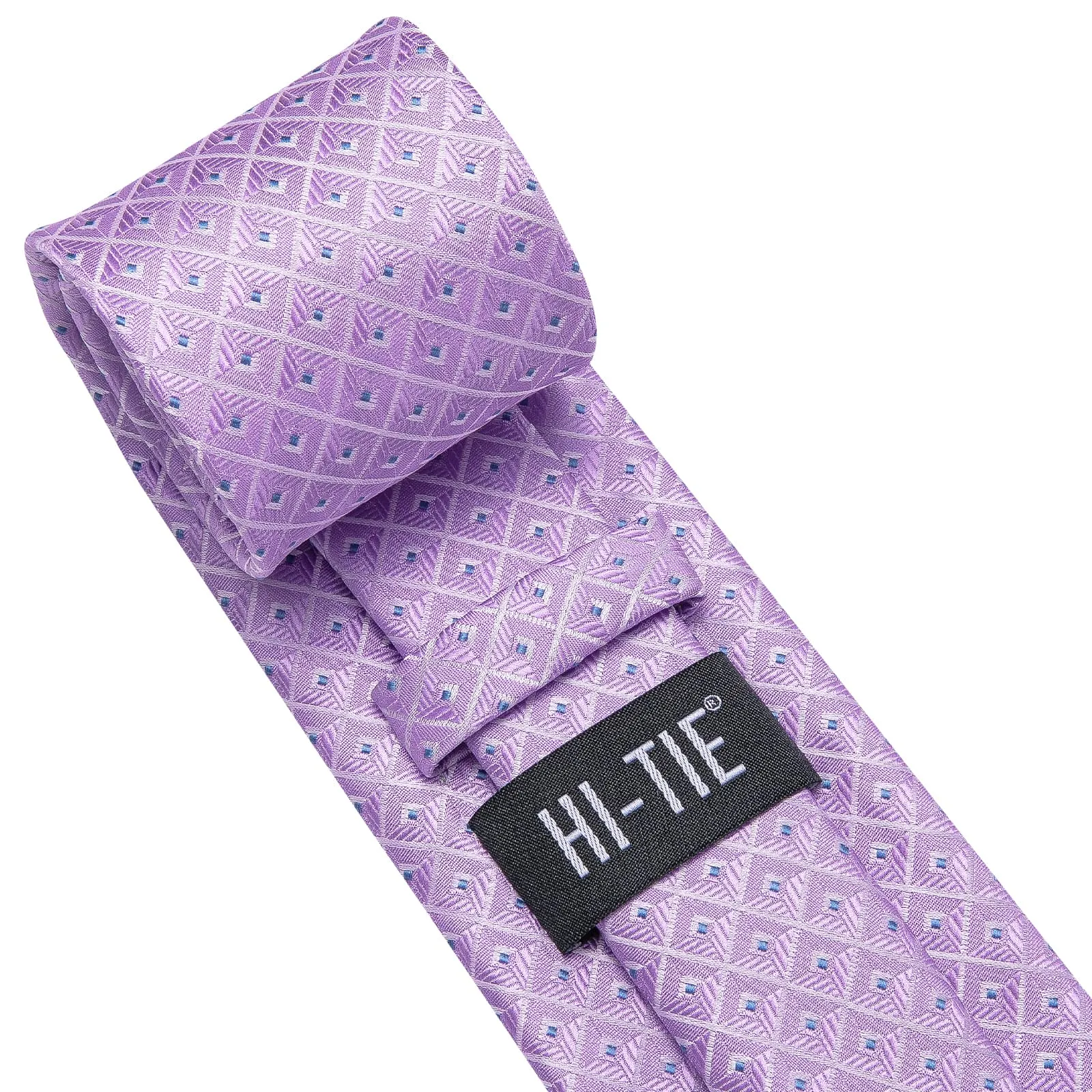 Hi-Tie Light Purple Tie Checkered Men's Necktie Hanky Cufflinks Set