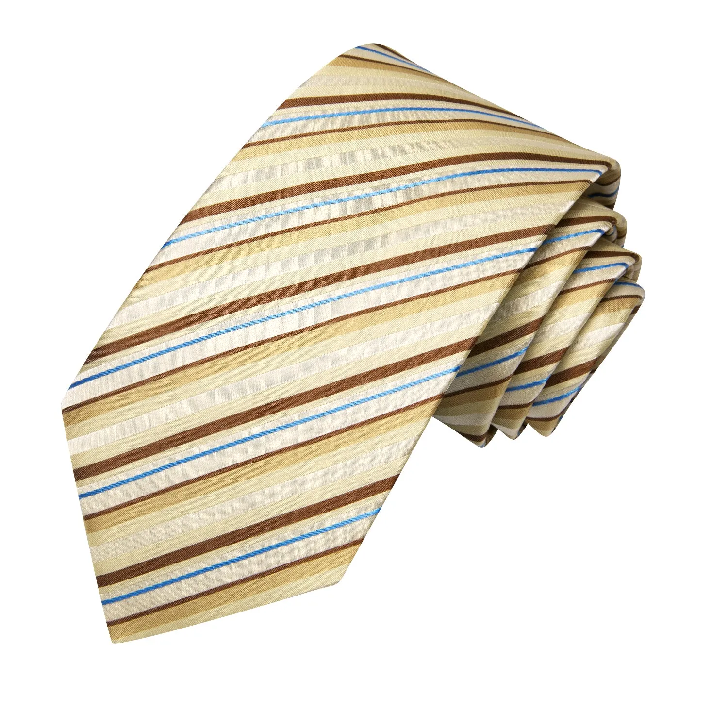 Hi-Tie Light Yellow Brown Blue Striped Tie Pocket Square Cufflinks Set