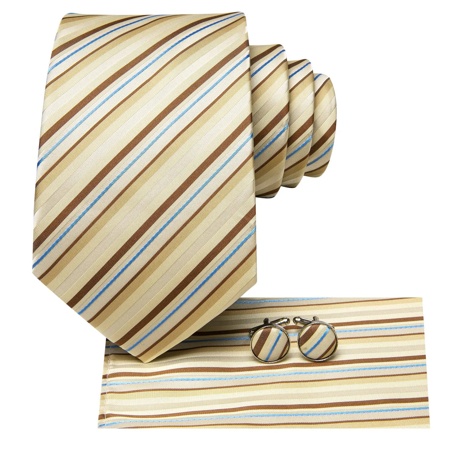 Hi-Tie Light Yellow Brown Blue Striped Tie Pocket Square Cufflinks Set