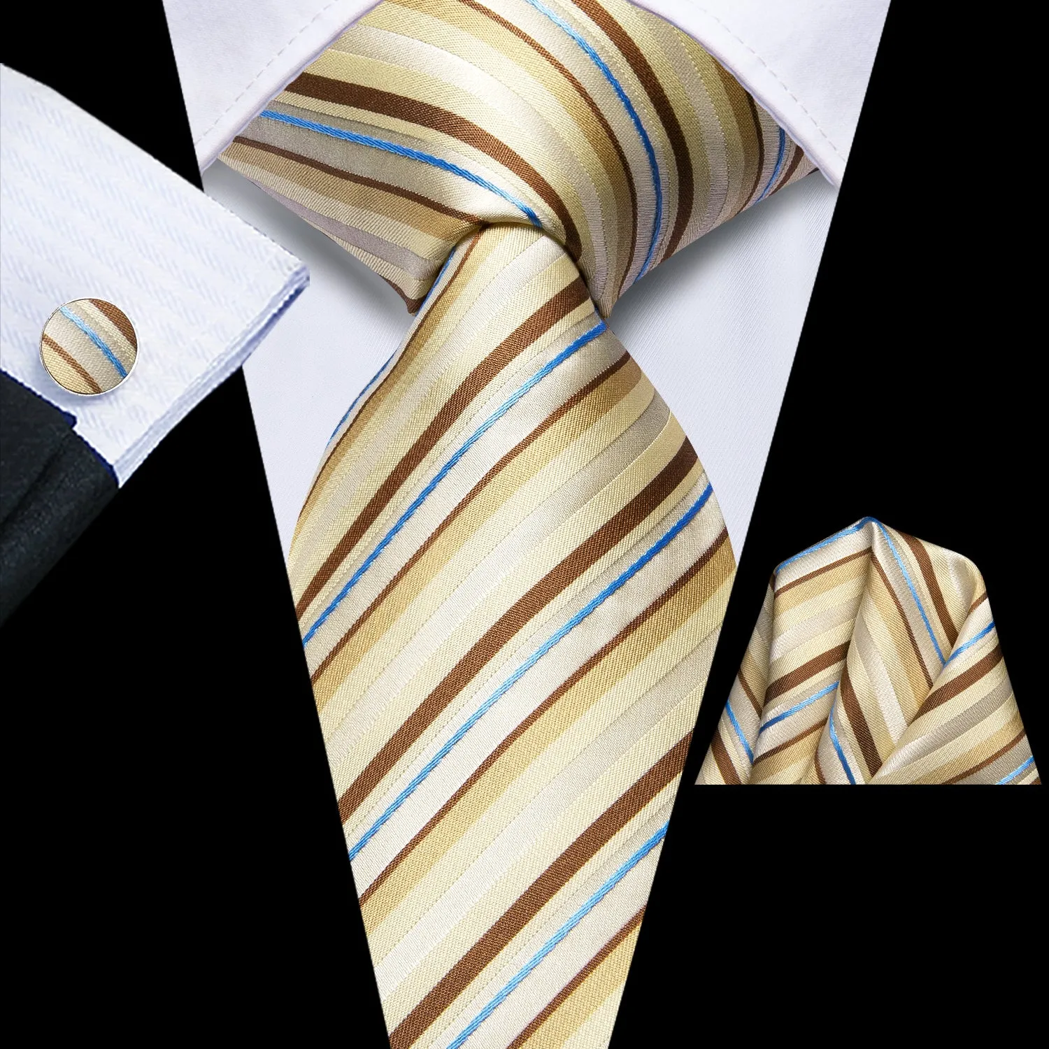 Hi-Tie Light Yellow Brown Blue Striped Tie Pocket Square Cufflinks Set