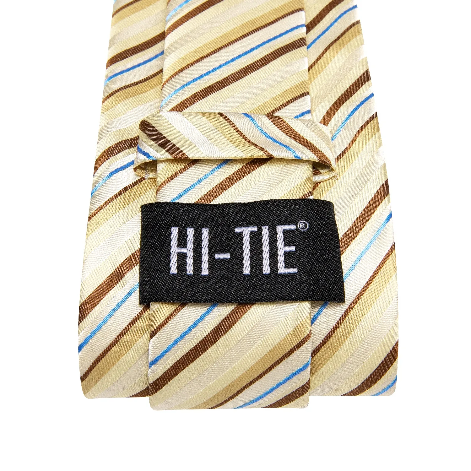 Hi-Tie Light Yellow Brown Blue Striped Tie Pocket Square Cufflinks Set