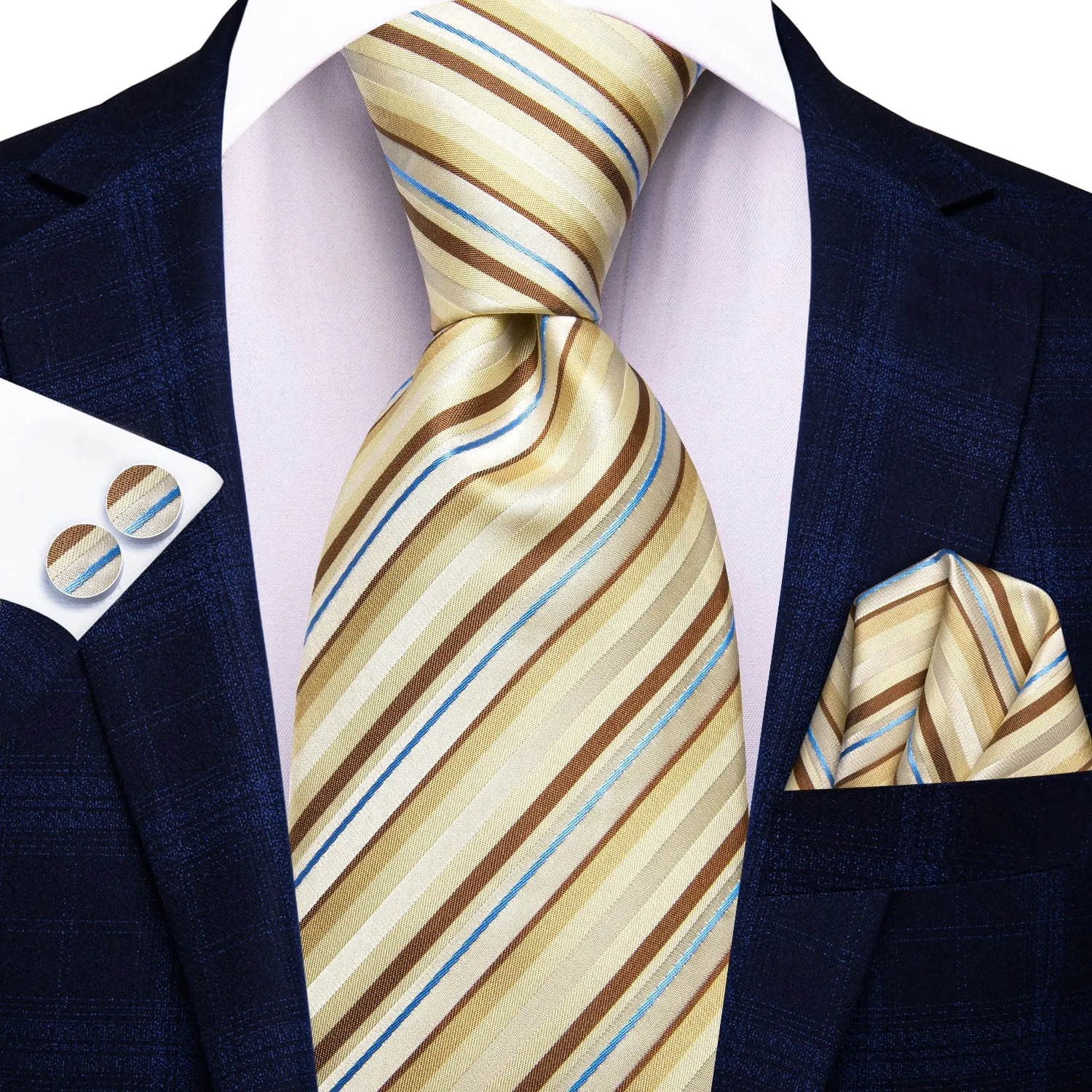 Hi-Tie Light Yellow Brown Blue Striped Tie Pocket Square Cufflinks Set