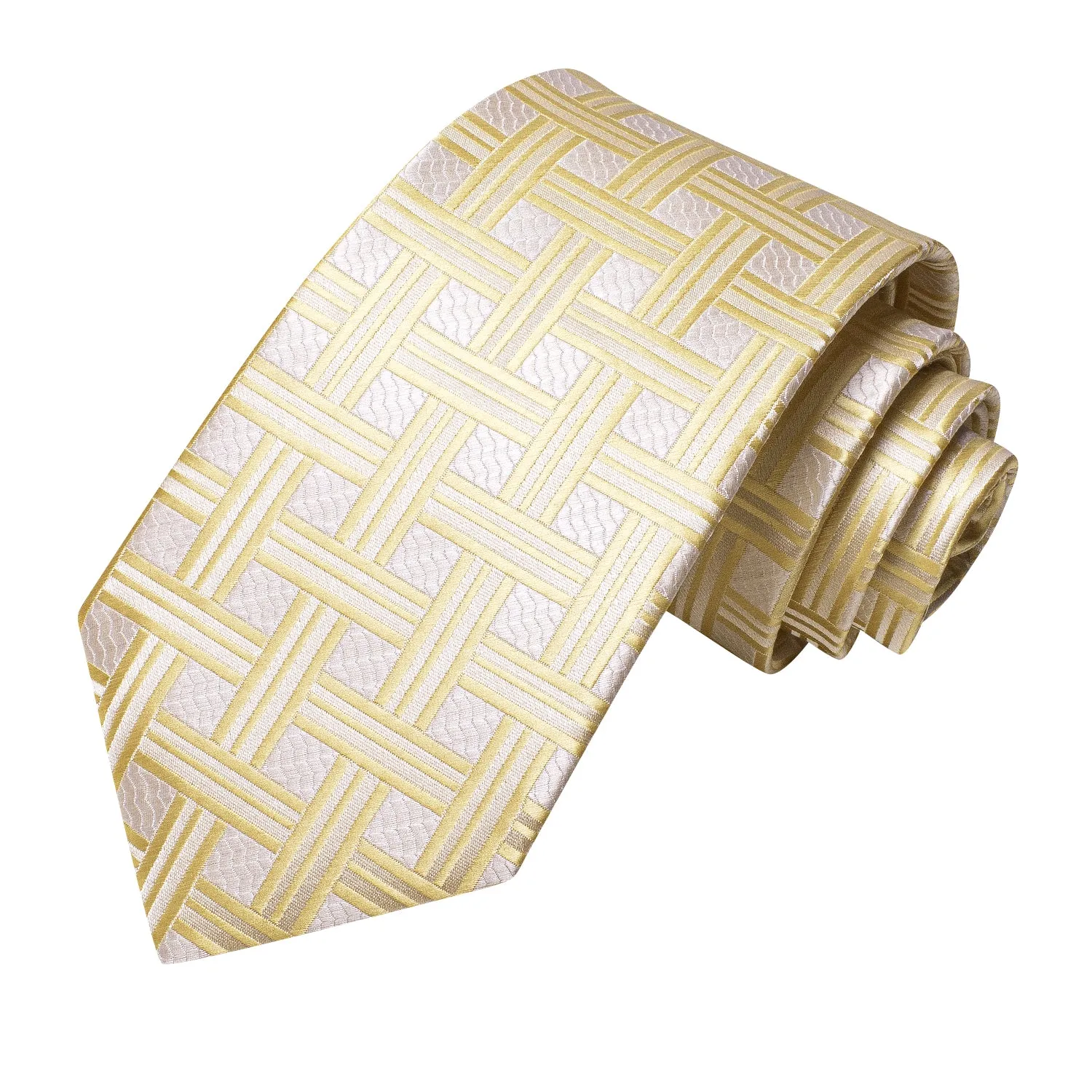 Hi-Tie Light Yellow White Plaid Silk Tie Pocket Square Cufflinks Set