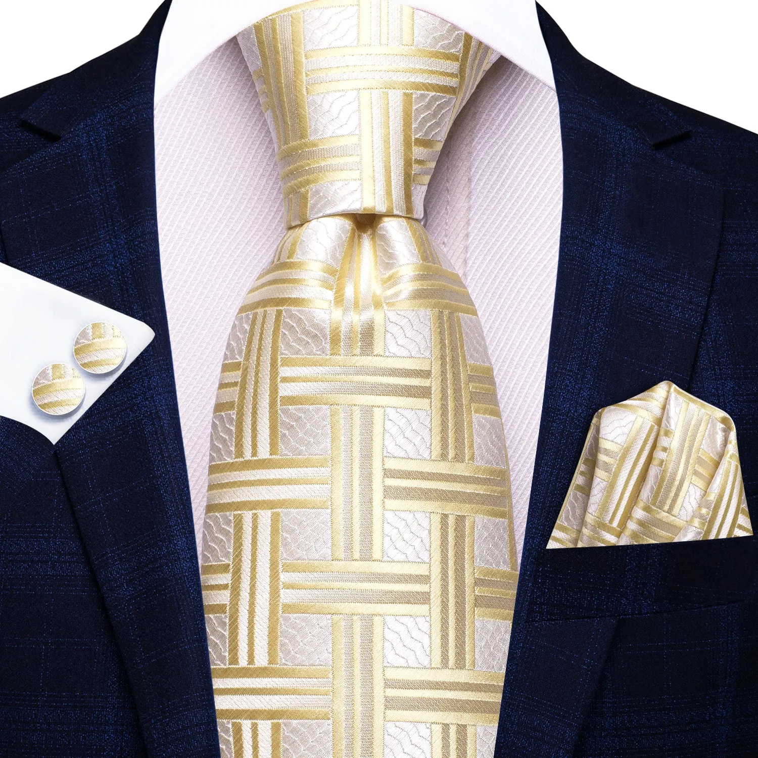 Hi-Tie Light Yellow White Plaid Silk Tie Pocket Square Cufflinks Set