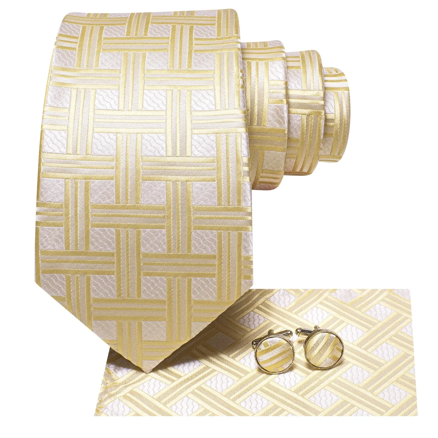 Hi-Tie Light Yellow White Plaid Silk Tie Pocket Square Cufflinks Set