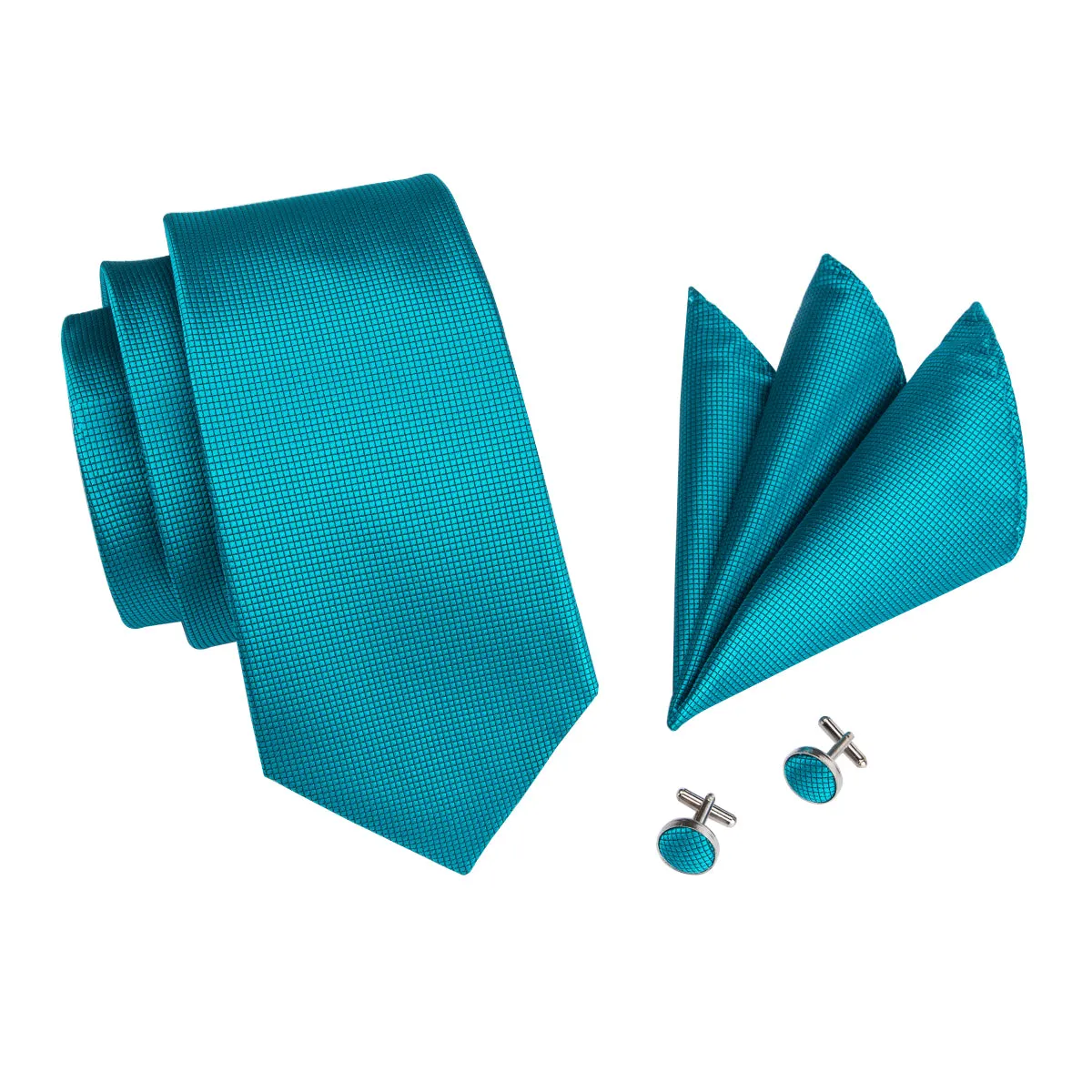 Hi-Tie Men's Necktie Teal Blue Solid Tie Pocket Square Cufflinks Set