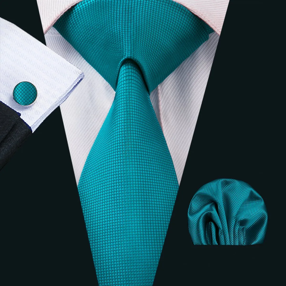 Hi-Tie Men's Necktie Teal Blue Solid Tie Pocket Square Cufflinks Set