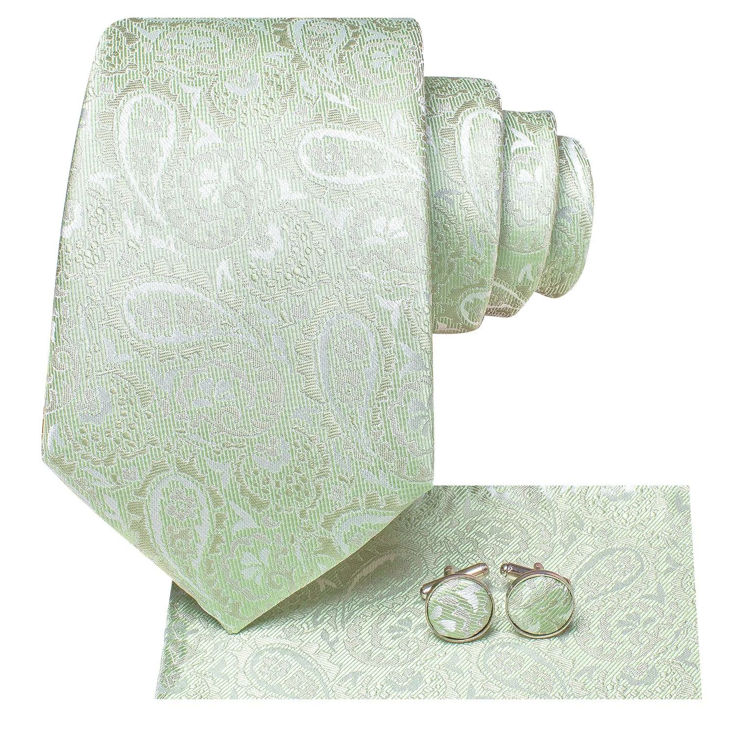 Hi-Tie Mint Green Paisley Silk Men Necktie Pocket Square Cufflinks Set