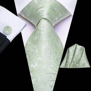 Hi-Tie Mint Green Paisley Silk Men Necktie Pocket Square Cufflinks Set