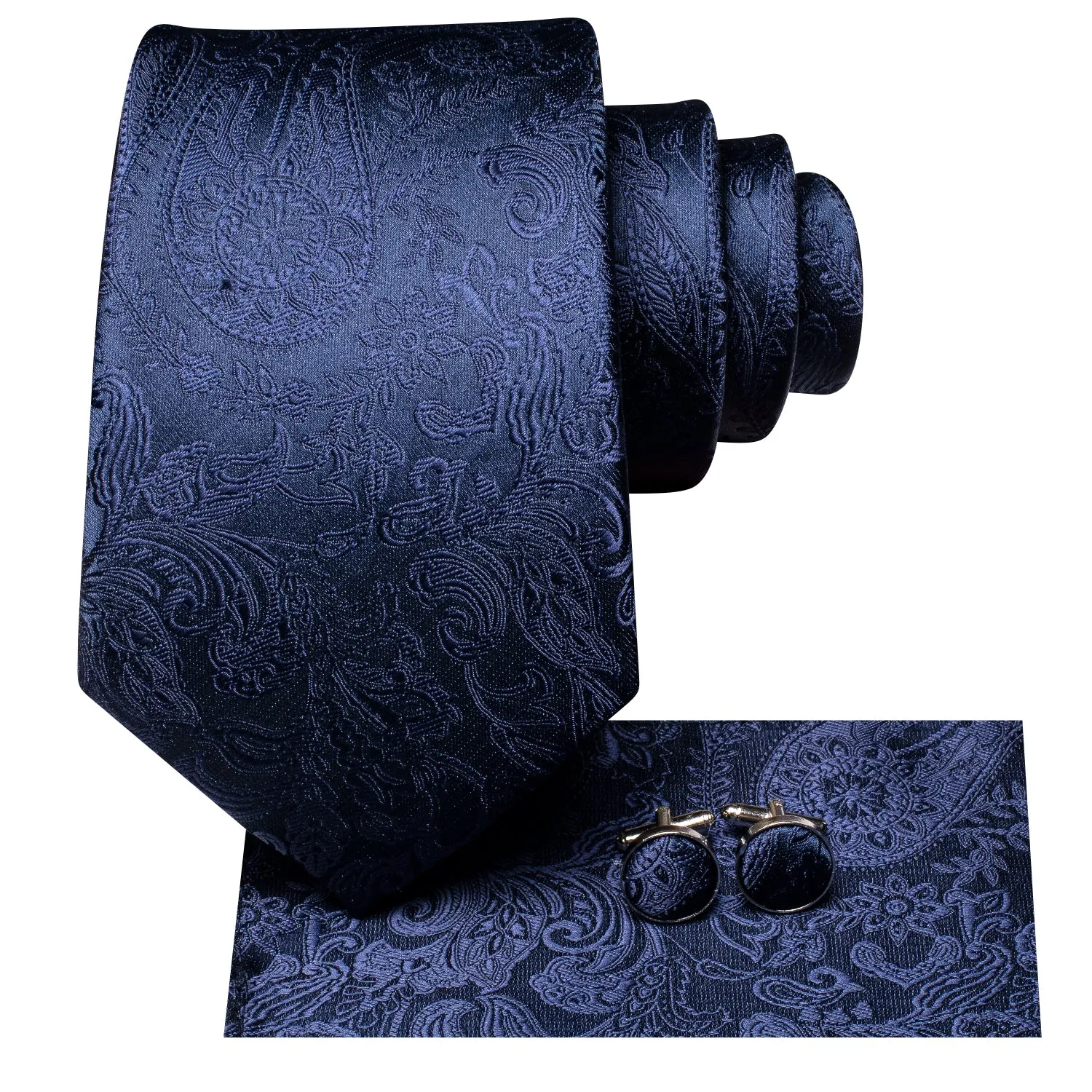 Hi-Tie Navy Blue Paisley Silk Mens Necktie Pocket Square Cufflinks Set