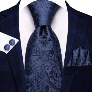 Hi-Tie Navy Blue Paisley Silk Mens Necktie Pocket Square Cufflinks Set