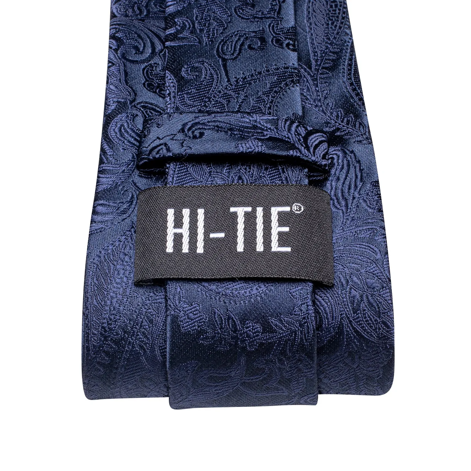 Hi-Tie Navy Blue Paisley Silk Mens Necktie Pocket Square Cufflinks Set