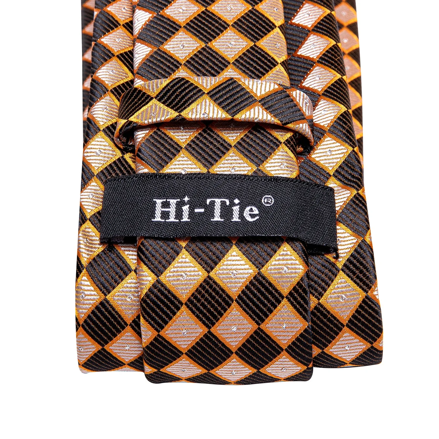 Hi-Tie Necktie Yellow Brown Plaid Mens Tie Pocket Square Cufflinks Set