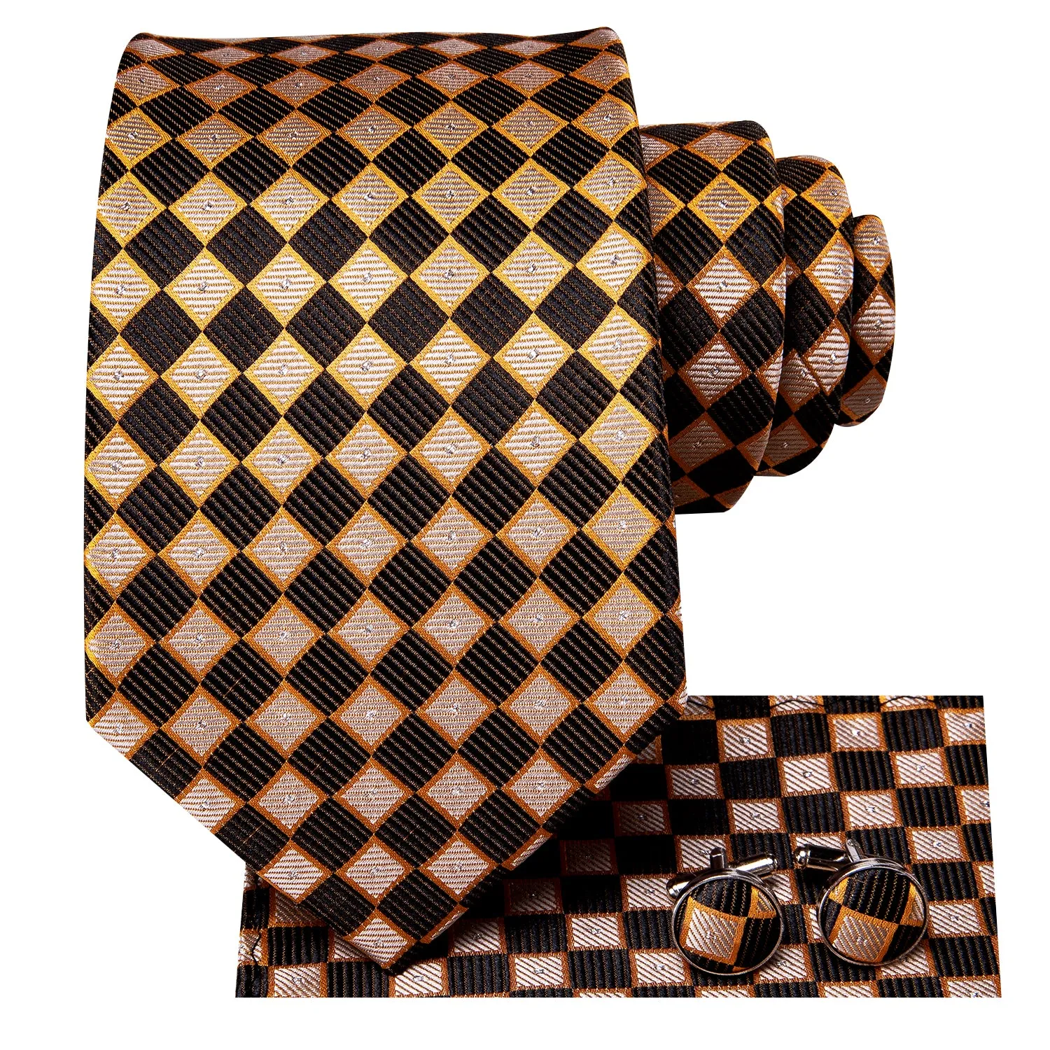 Hi-Tie Necktie Yellow Brown Plaid Mens Tie Pocket Square Cufflinks Set