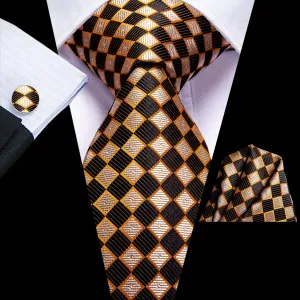 Hi-Tie Necktie Yellow Brown Plaid Mens Tie Pocket Square Cufflinks Set