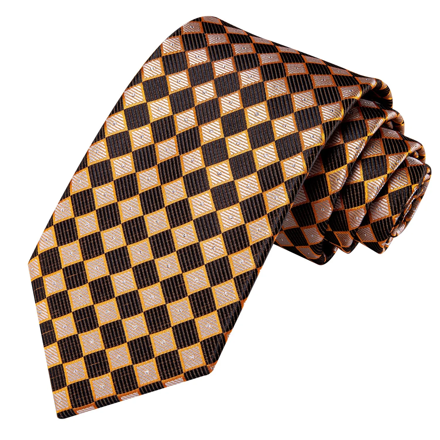 Hi-Tie Necktie Yellow Brown Plaid Mens Tie Pocket Square Cufflinks Set