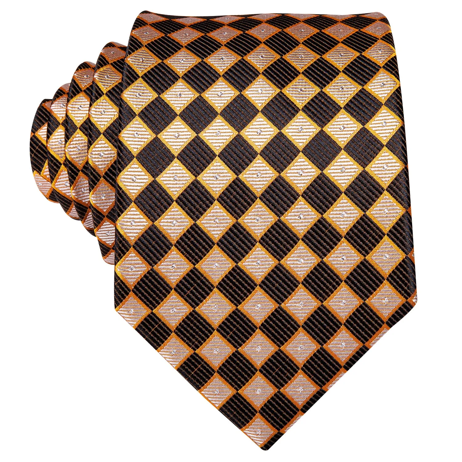 Hi-Tie Necktie Yellow Brown Plaid Mens Tie Pocket Square Cufflinks Set