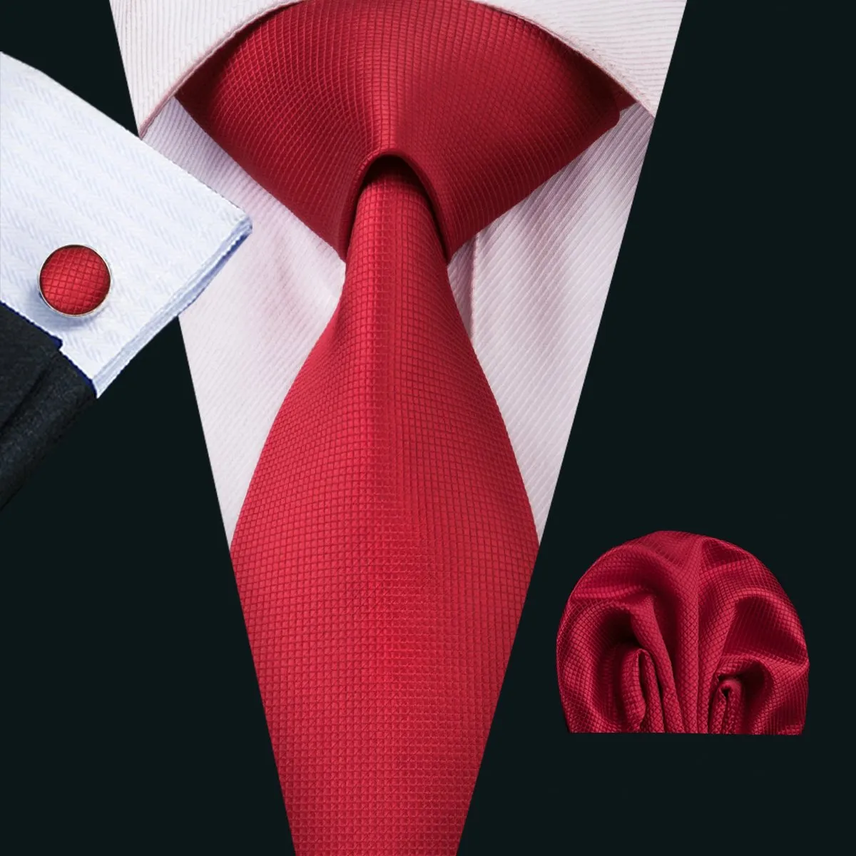 Hi-Tie Orange Necktie Men's Red Solid Tie Pocket Square Cufflinks Set