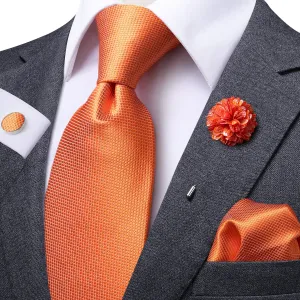 Hi-Tie Orange Necktie Men's Red Solid Tie Pocket Square Cufflinks Set