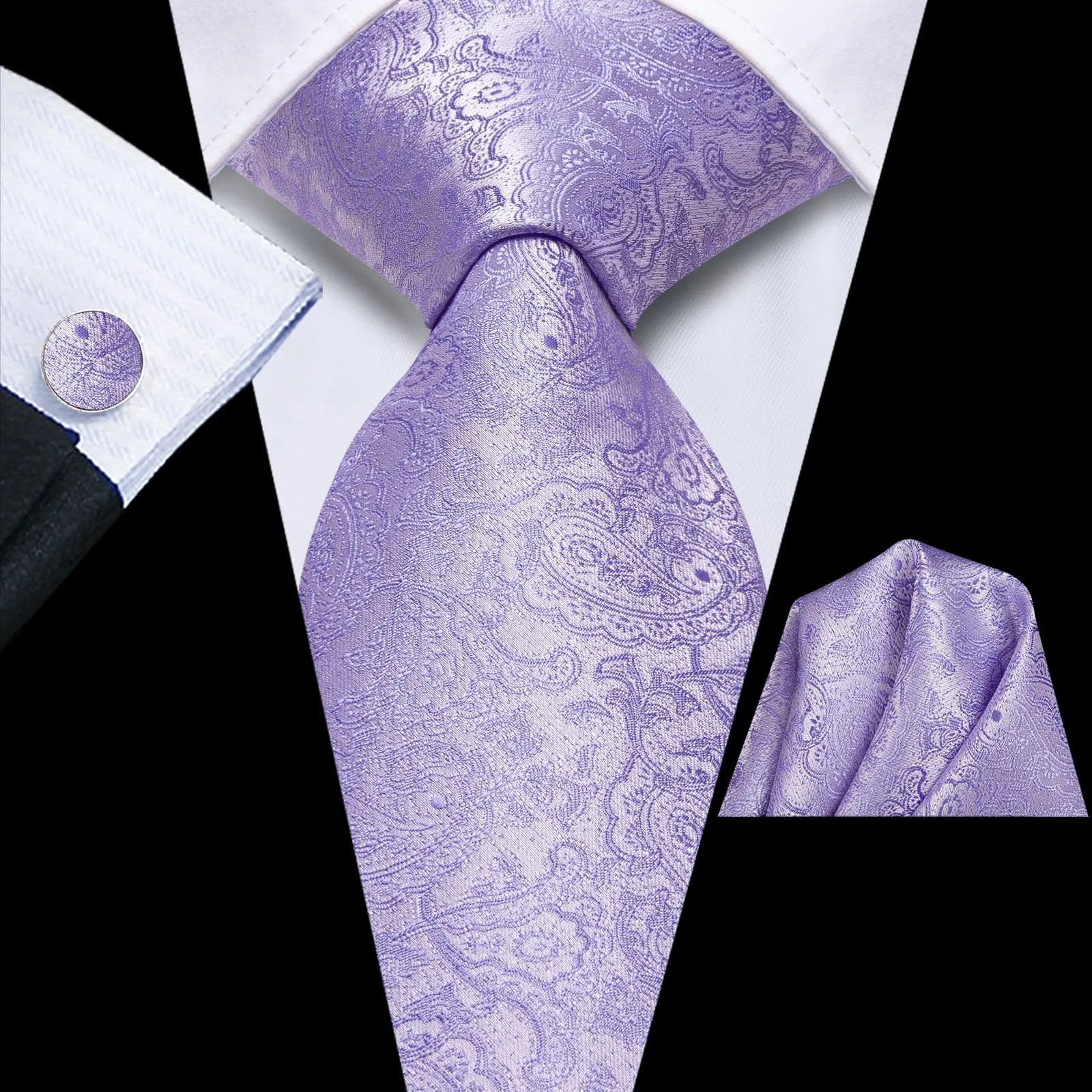 Hi-Tie Orchid Purple Paisley Silk Men's Necktie Pocket Square Cufflinks Set