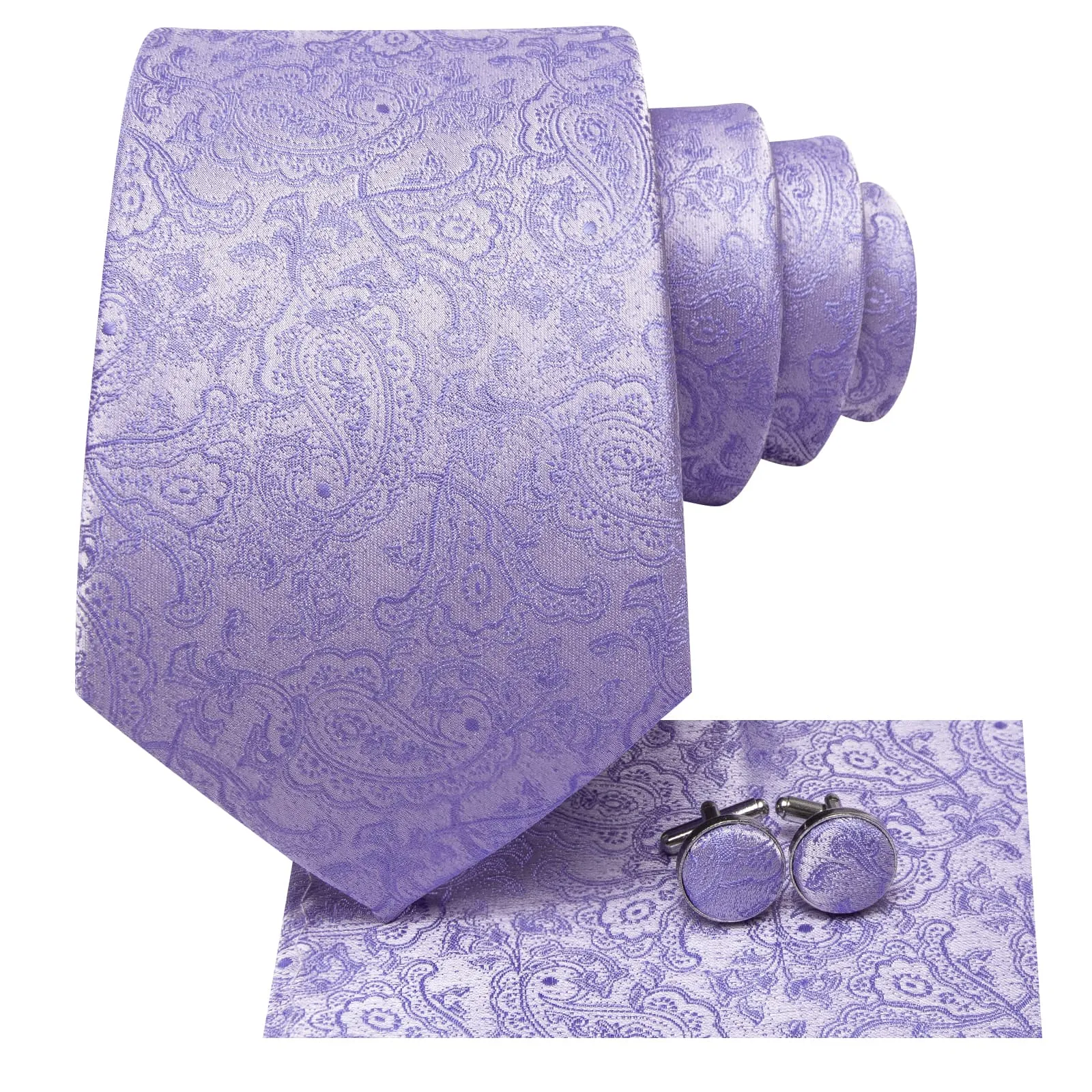 Hi-Tie Orchid Purple Paisley Silk Men's Necktie Pocket Square Cufflinks Set