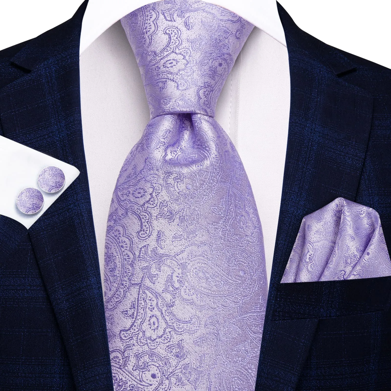 Hi-Tie Orchid Purple Paisley Silk Men's Necktie Pocket Square Cufflinks Set