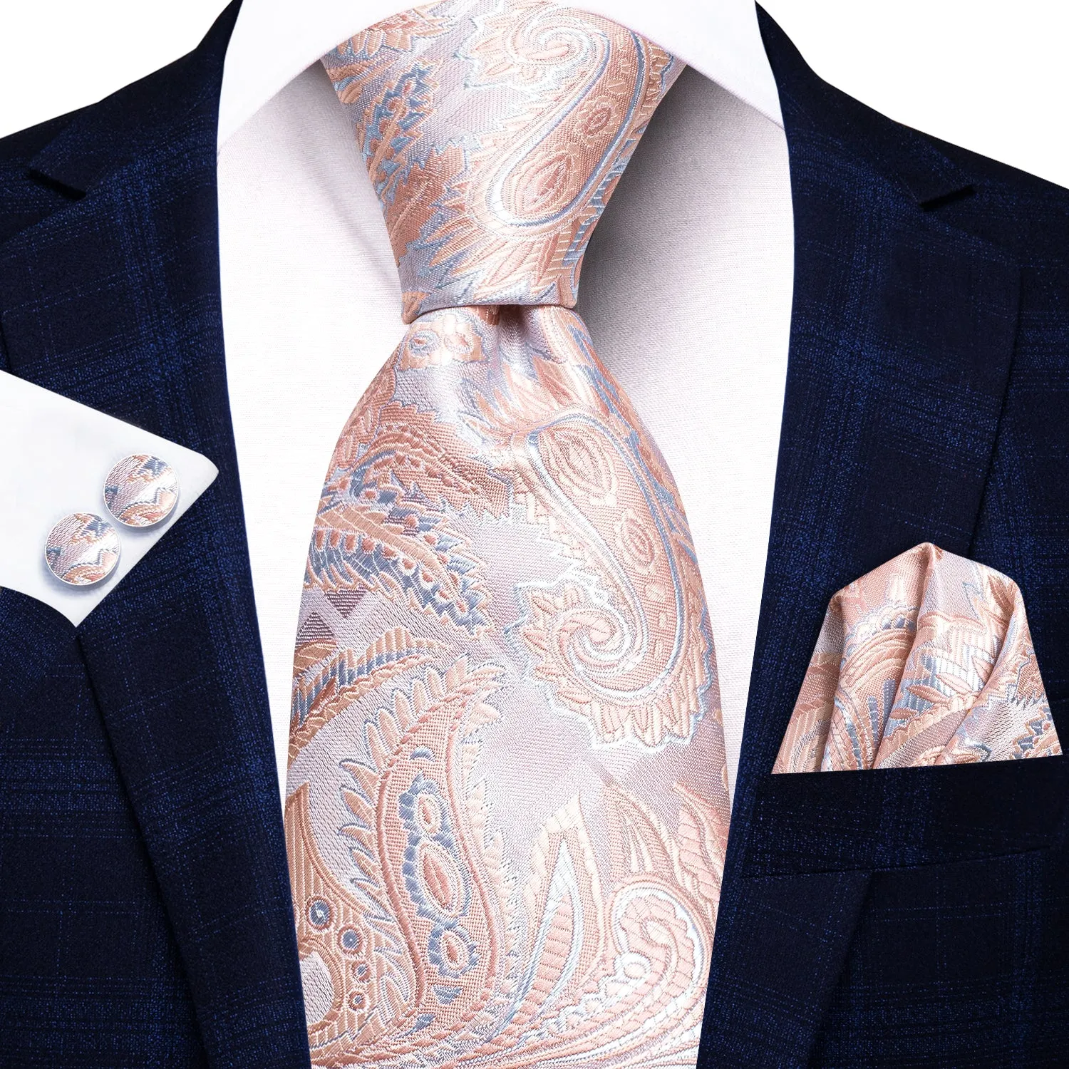 Hi-Tie Pink Paisley 67 Inches Extra Long Tie Handkerchief Cufflinks Set