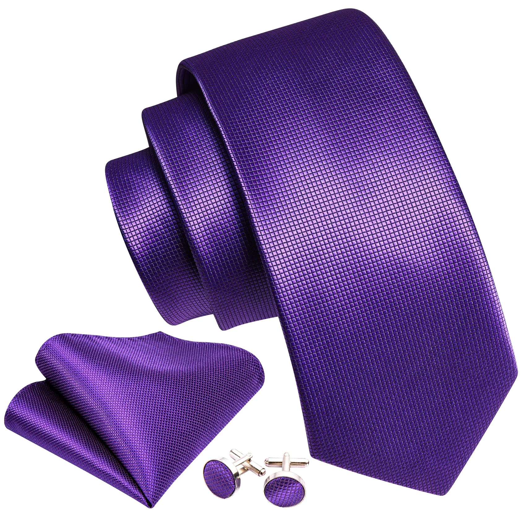 Hi-Tie Plum Purple Necktie Men's Solid Tie Handkerchief Cufflinks Set