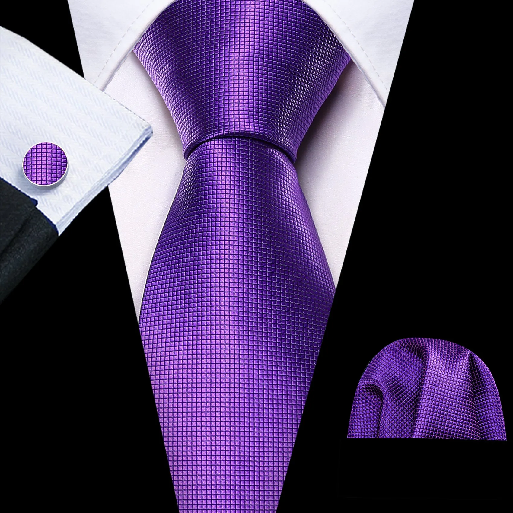 Hi-Tie Plum Purple Necktie Men's Solid Tie Handkerchief Cufflinks Set