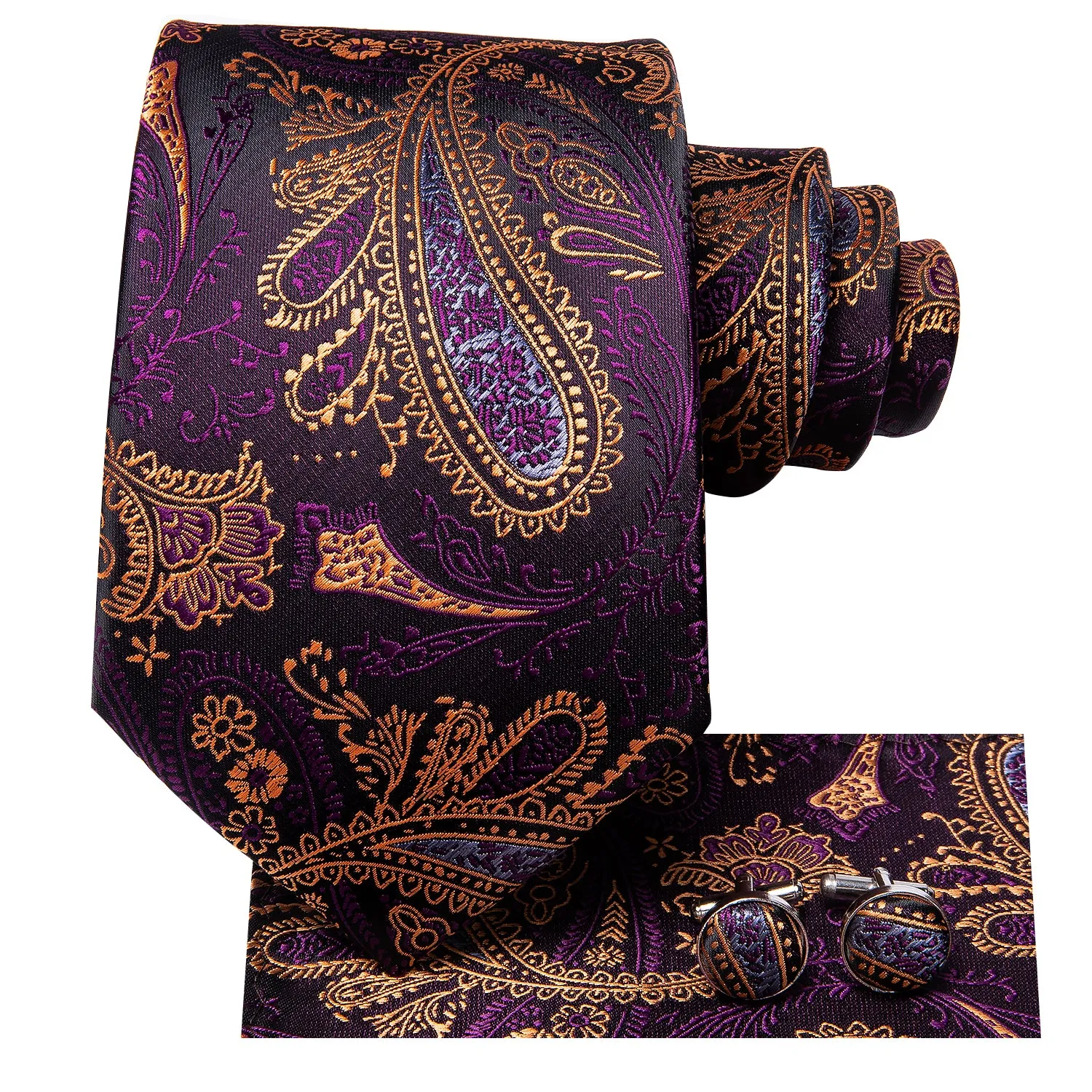 Hi-Tie Purple Gold Paisley 67" Extra Long Necktie Hanky Cufflinks Set