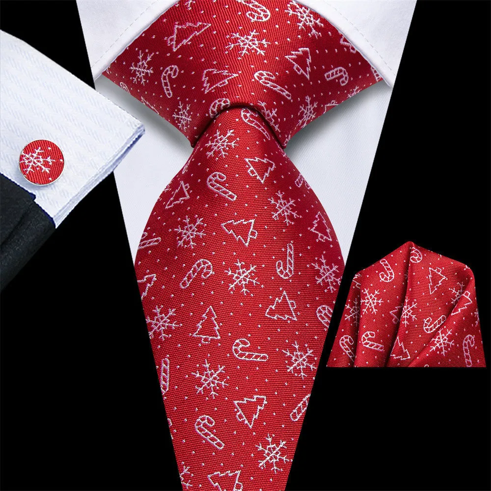 Hi-Tie Red Christmas Snow Designer Tie Pocket Square Cufflinks Set