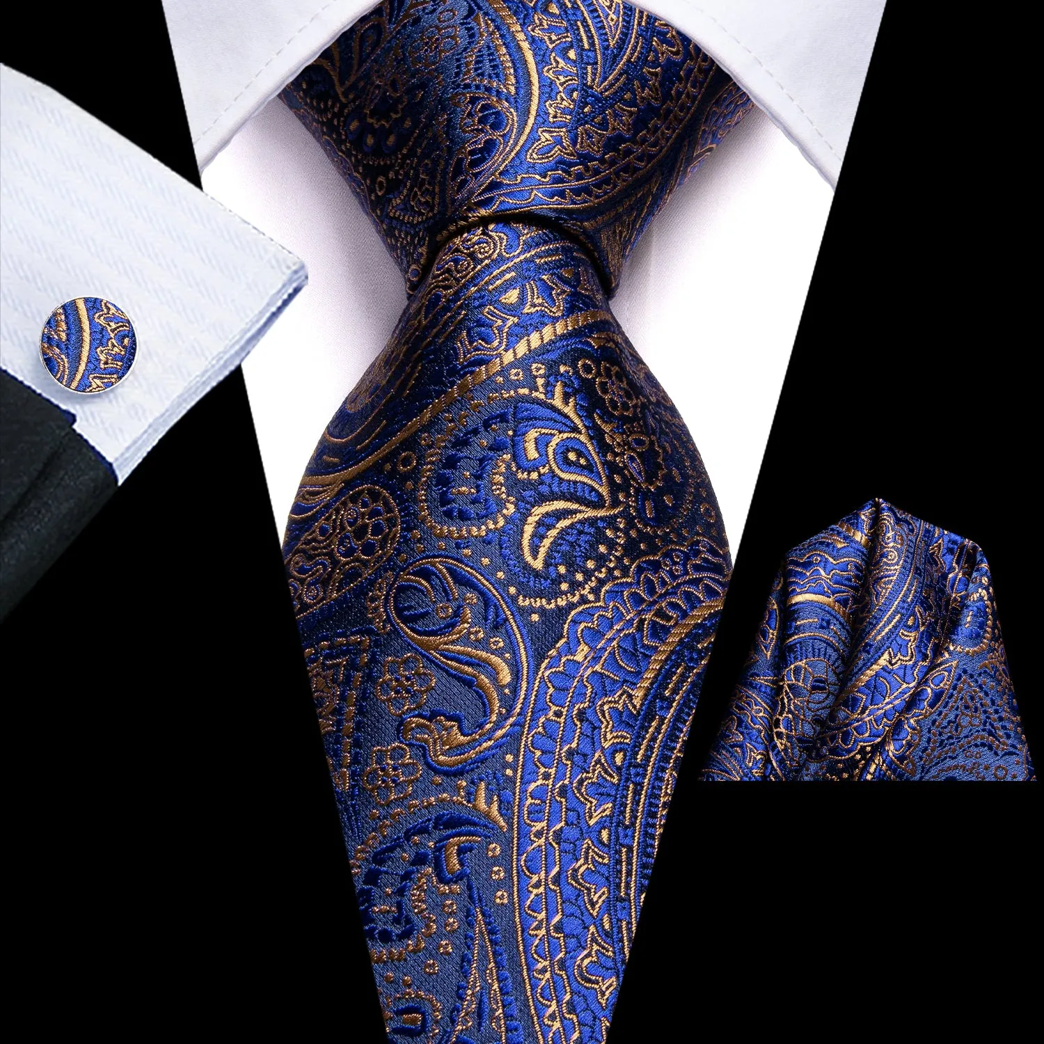 Hi-Tie Royal Blue Golden Paisley Necktie Pocket Square Cufflinks Set