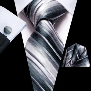 Hi-Tie Silver Grey White Striped Men's Tie Pocket Square Cufflinks Set