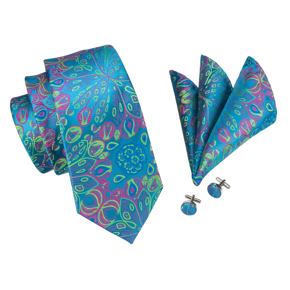 Hi-Tie Teal Blue Necktie Green Floral Tie Pocket Square Cufflinks Set