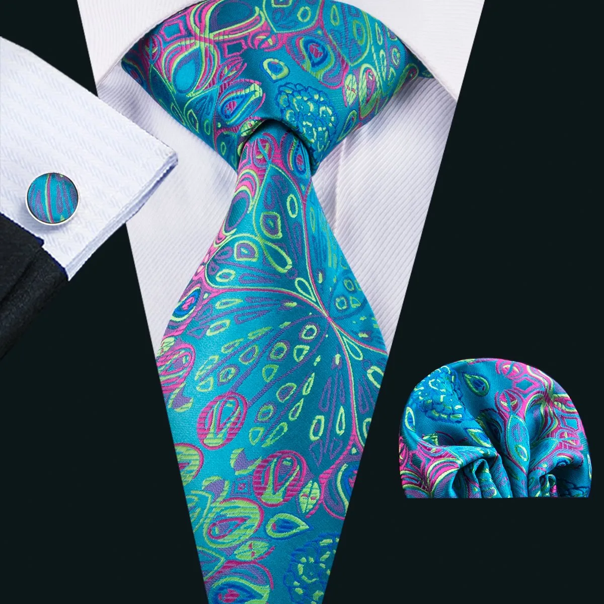 Hi-Tie Teal Blue Necktie Green Floral Tie Pocket Square Cufflinks Set