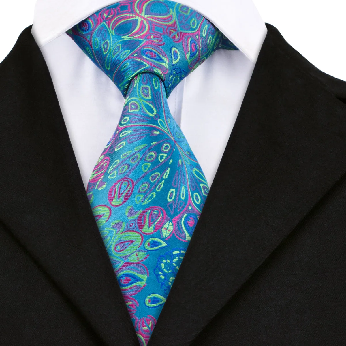 Hi-Tie Teal Blue Necktie Green Floral Tie Pocket Square Cufflinks Set