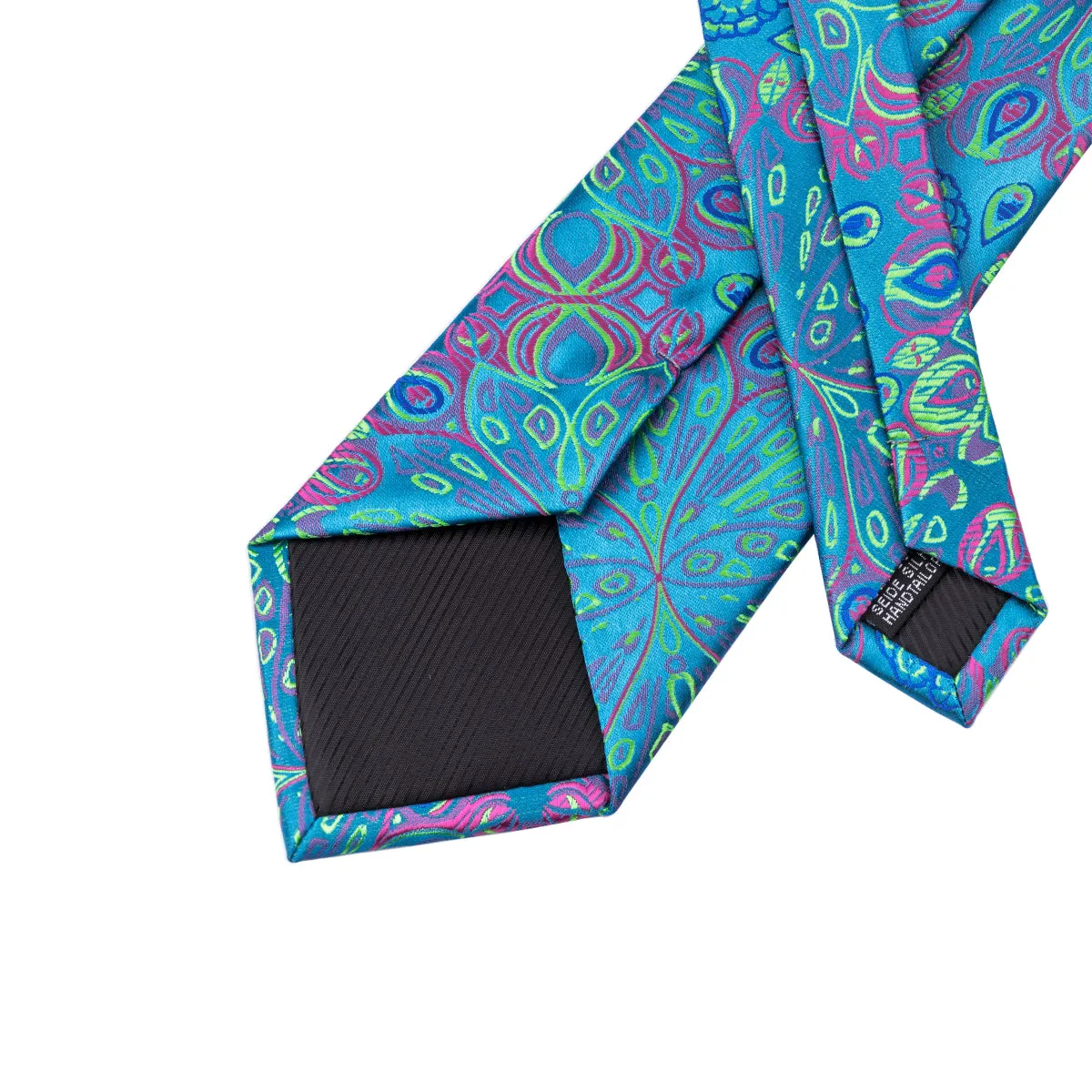 Hi-Tie Teal Blue Necktie Green Floral Tie Pocket Square Cufflinks Set