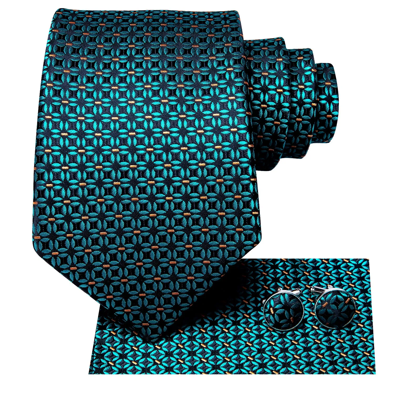 Hi-Tie Turquoise Green Tie Polka Dot Tie Pocket Square Cufflinks Set