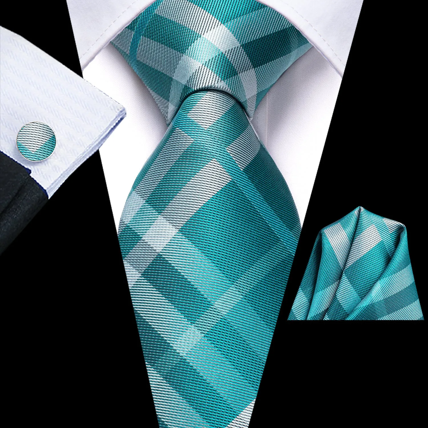 Hi-Tie Wedding Tie Teal White Stripes Tie Pocket Square Cufflinks Set