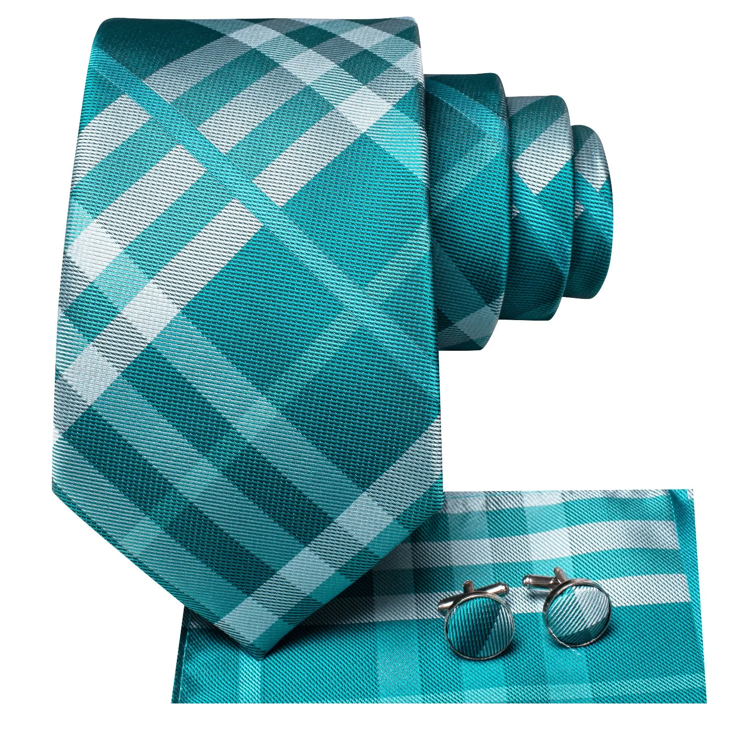 Hi-Tie Wedding Tie Teal White Stripes Tie Pocket Square Cufflinks Set